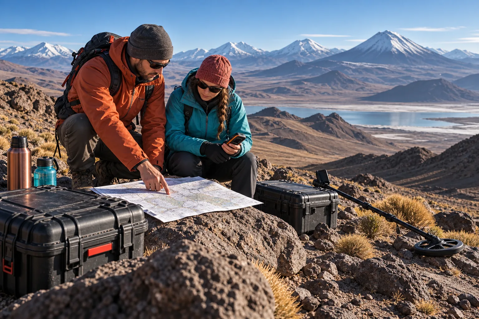 Equipo profesional planificando una jornada de detector con mapa, agua y cajas en la cordillera chilena